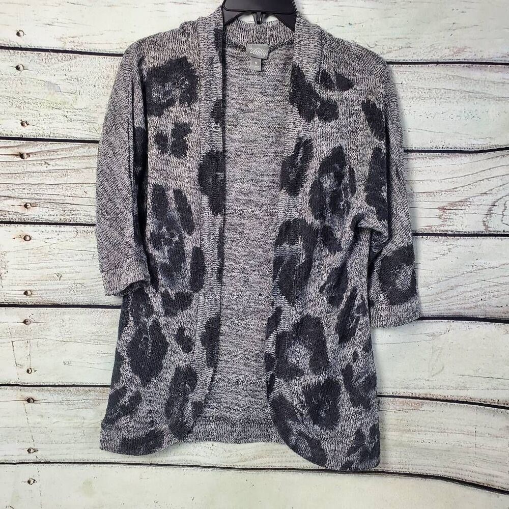 Vanity Women's Small Leopard Print Open Front Cardigan Gray Black 3/4 Sleeve Kni